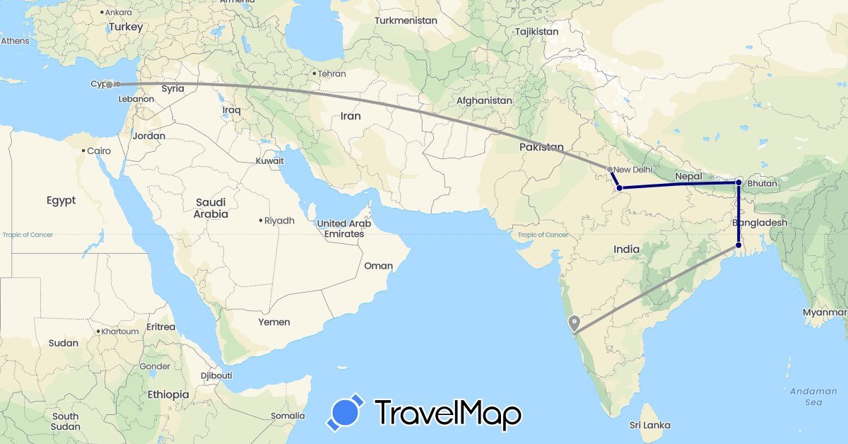 TravelMap itinerary: driving, plane in Cyprus, India (Asia)