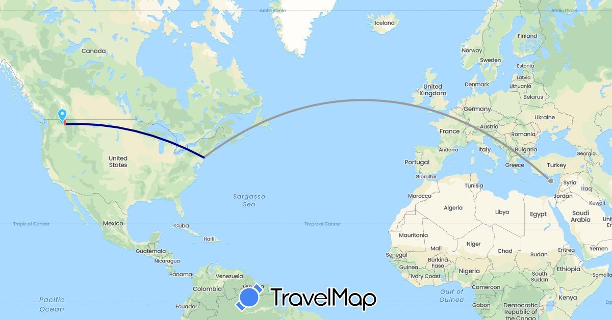TravelMap itinerary: driving, plane, hiking, boat in Cyprus, United States (Asia, North America)